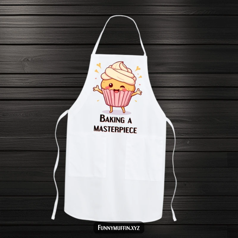 Funny Apron with a happy muffin character doing a celebratory dance with frosting swirls, perfect for adding cheer to baking.