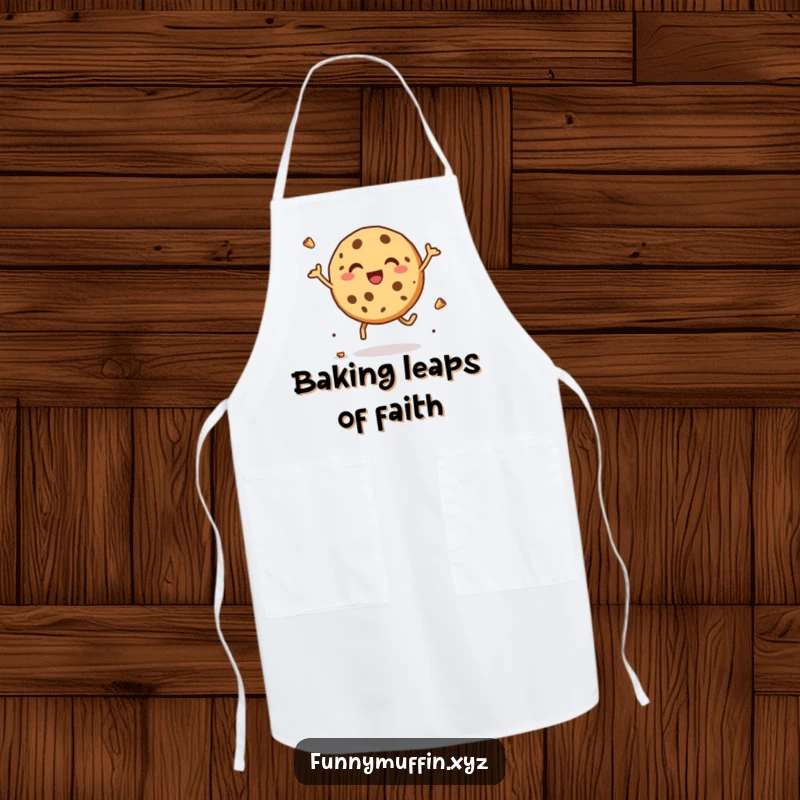 Funny apron with a delighted cookie character leaping with joy, crumbs flying, perfect for joyful baking.