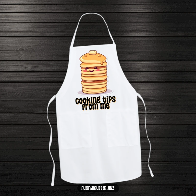 Funny apron with a smiling pancake character stacked high, tipping precariously, perfect for kitchen fun.