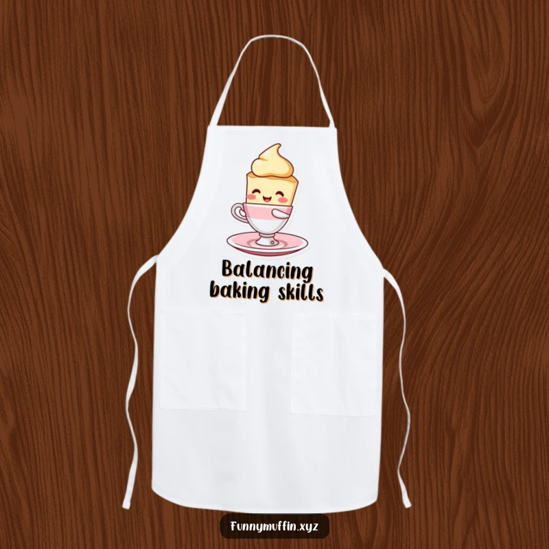Funny scone character apron, humorously balancing a cup and saucer while preparing delicious food with a smile.