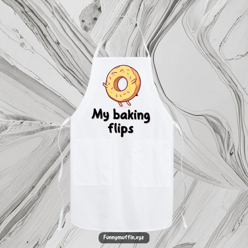 Funny apron with a giggling donut character doing a cartwheel, colorful icing flying, perfect for culinary fun.
