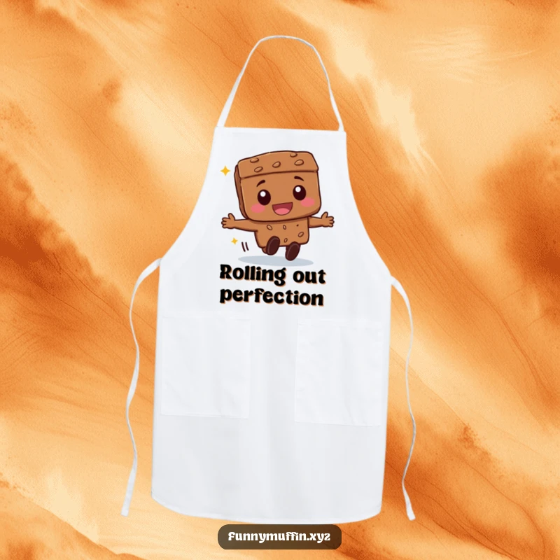 Funny beaming brownie character apron, joyfully rolling forward while cooking, adding a sweet and funny flair to meal prep.