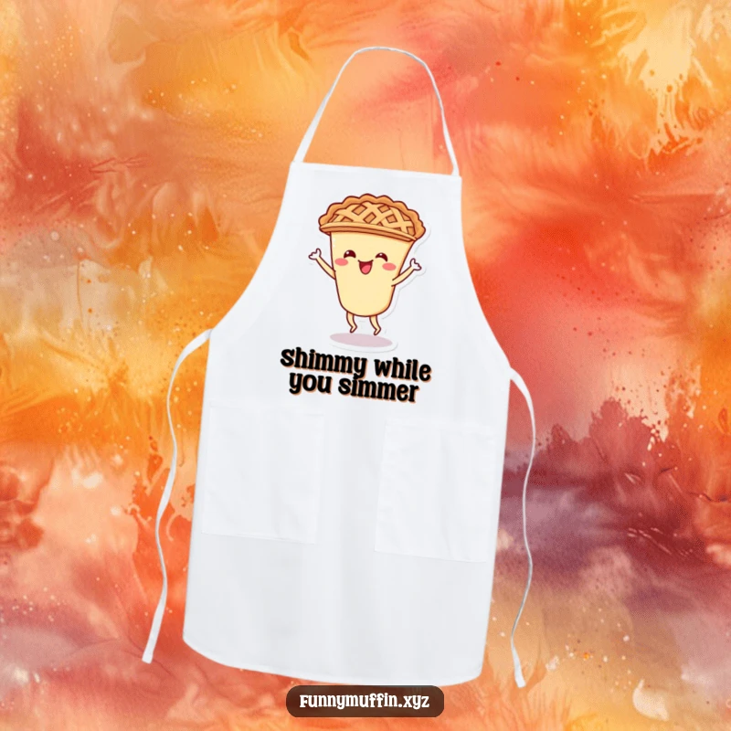 Funny apron designed with a cheerful pie character and lattice crust doing a playful shimmy while cooking.