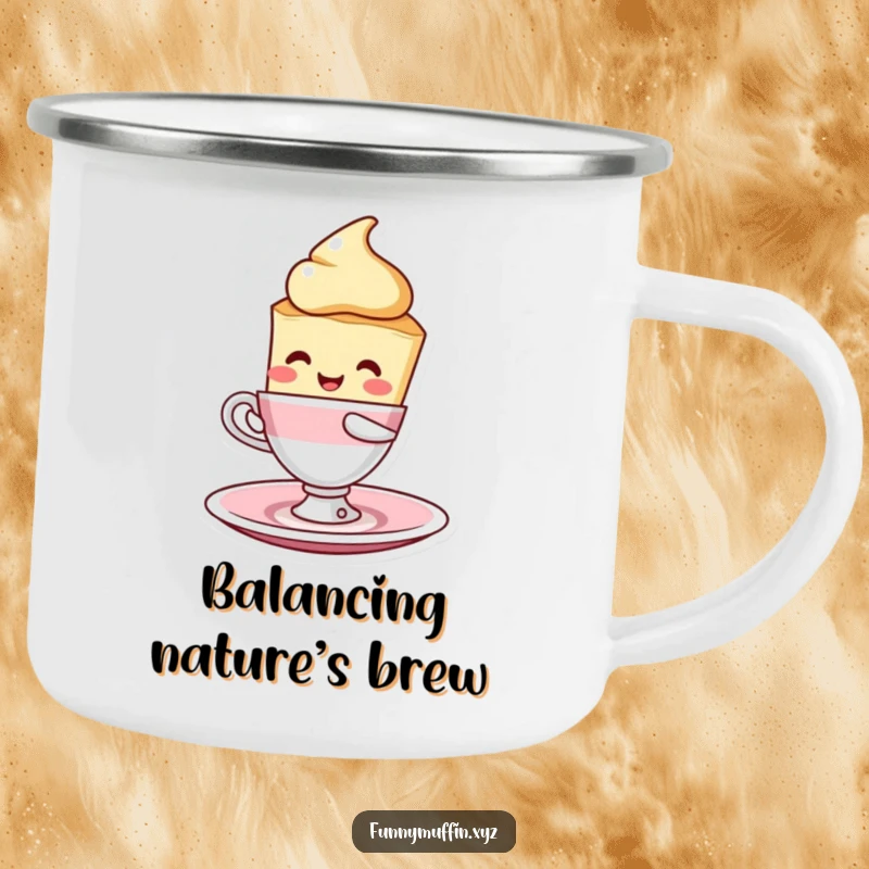 Funny scone character camping mug, humorously balancing a cup and saucer, ready for outdoor adventures and sweet sips.