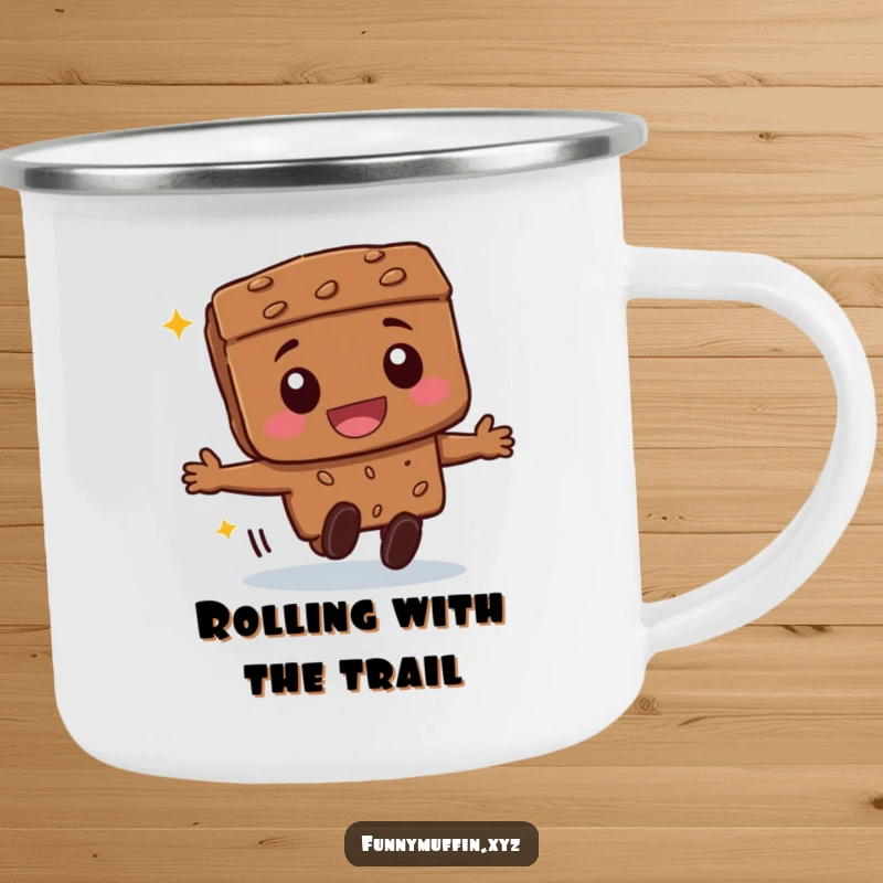 Funny beaming brownie character camping mug, gleefully rolling forward, ready for outdoor excursions with a sweet smile.
