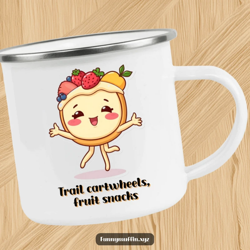 Funny camping mug with a cheerful fruit tart performing a cartwheel, perfect for sweet-toothed adventurers and outdoor fun.
