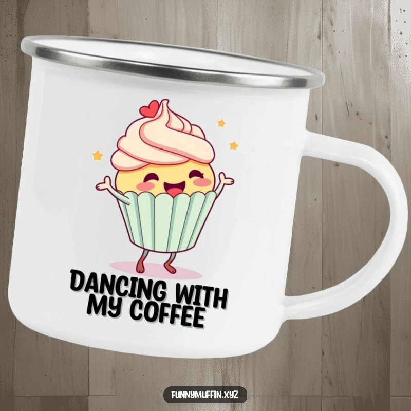 Funny camping mug with a joyful cupcake character doing a silly dance, frosting flying, ideal for outdoor fun.