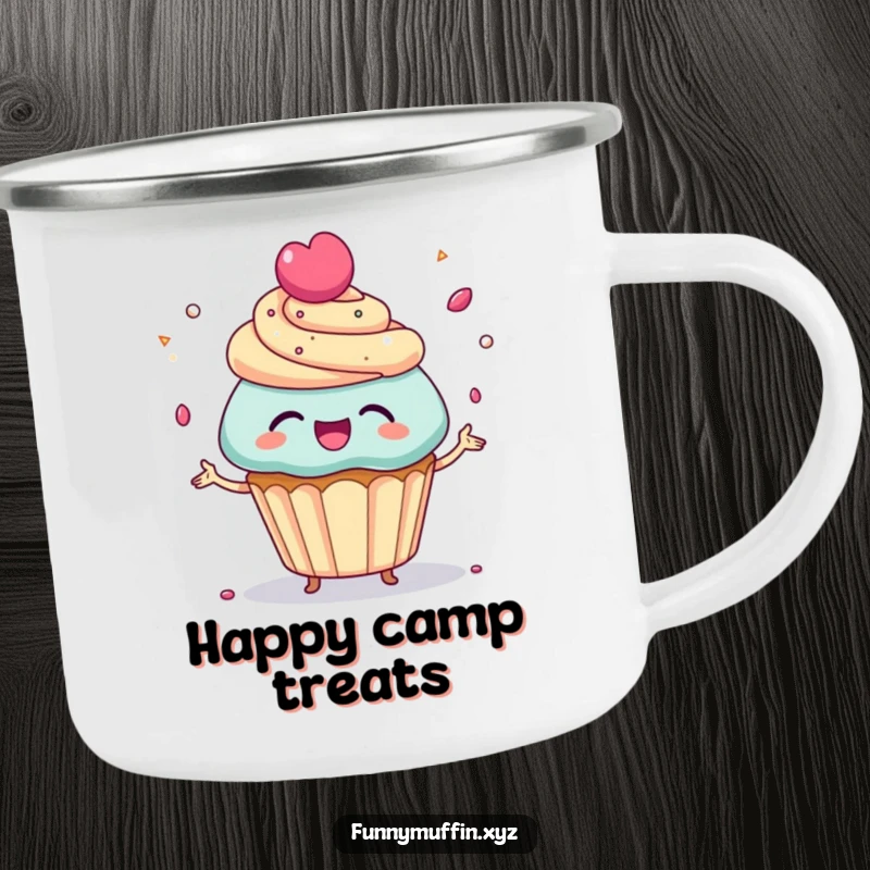 Funny Camping Mug with a giggling cupcake character juggling candy sprinkles, great for enjoying drinks on sweet and playful outdoor adventures.
