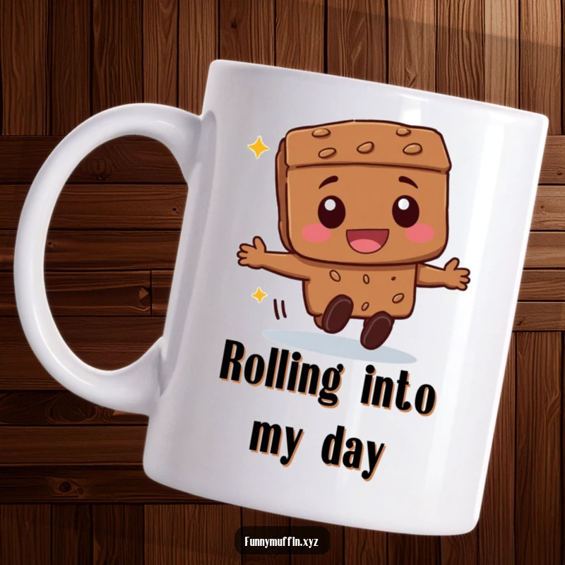 Funny beaming brownie character mug, joyfully rolling forward with a huge smile, ready to spread happiness.