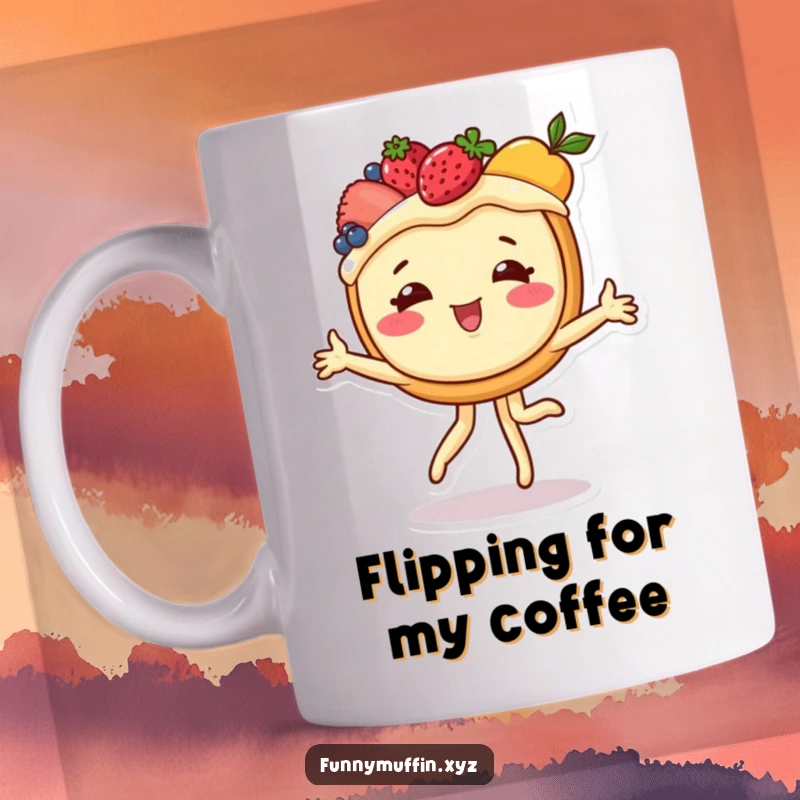Funny mug showing a cheerful tart character with fruit topping performing a cartwheel, embodying playful energy and sweet delight.