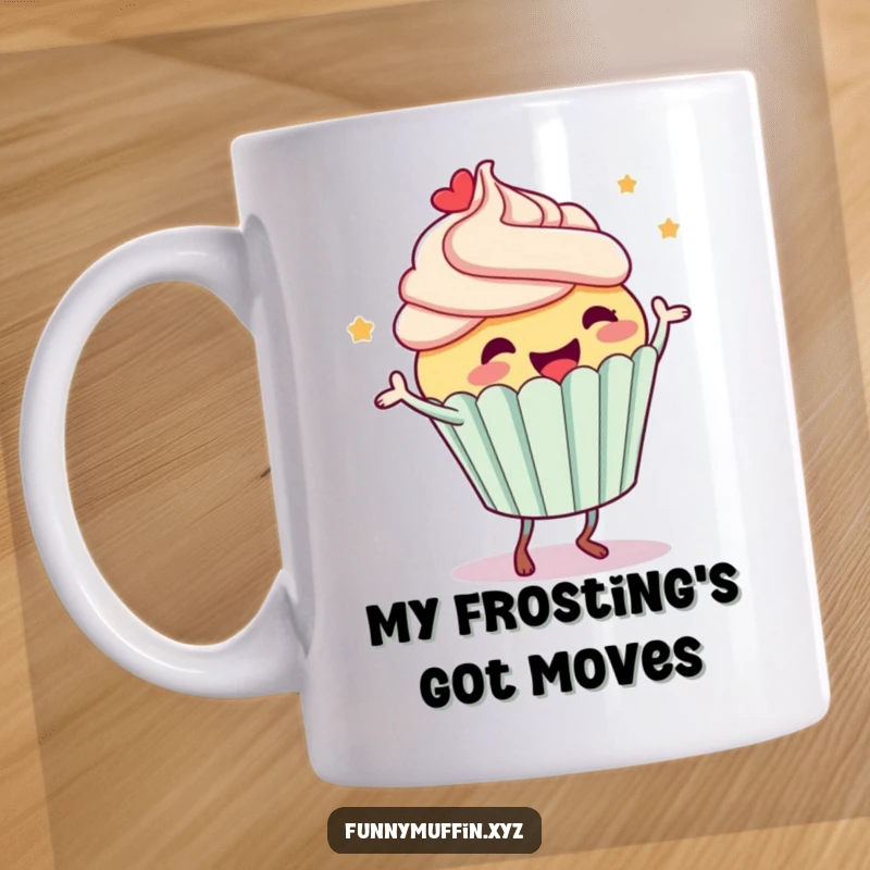 Funny mug featuring a happy cupcake character dancing wildly, frosting flying everywhere, bringing pure, silly joy to your day.