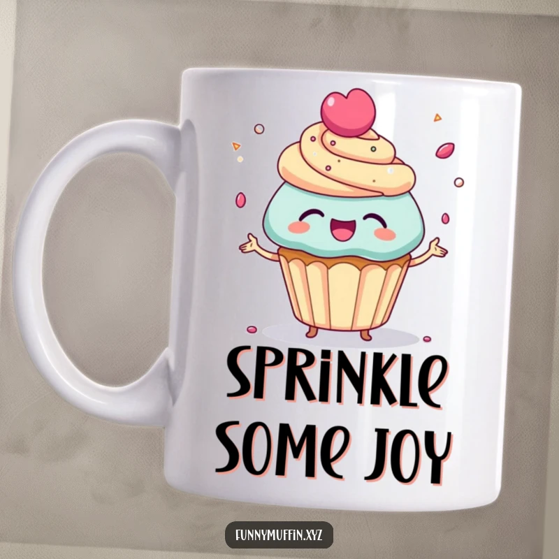 Funny Mug featuring a giggling cupcake character joyfully juggling tiny candy sprinkles, embodying pure delight and playful fun.