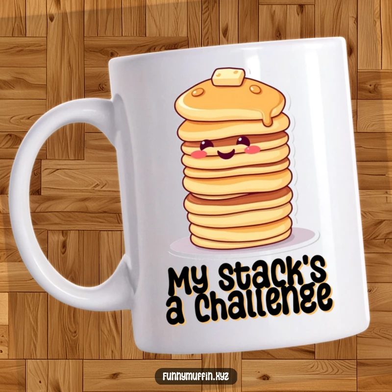 Funny mug with a smiling pancake character stacked high, tipping precariously, radiating charmingly unstable fun.