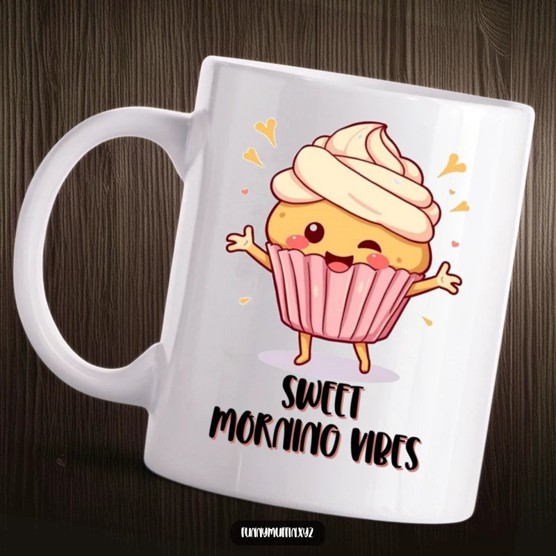 Funny Mug featuring a happy muffin character dancing with frosting swirls, radiating pure joy and celebratory cheer.