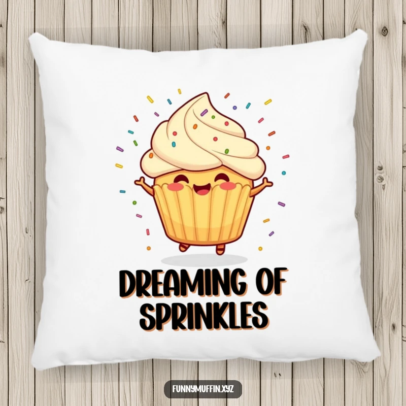 Funny pillow featuring a cheerful muffin character spinning with sprinkles flying, perfect for adding comfort and fun.