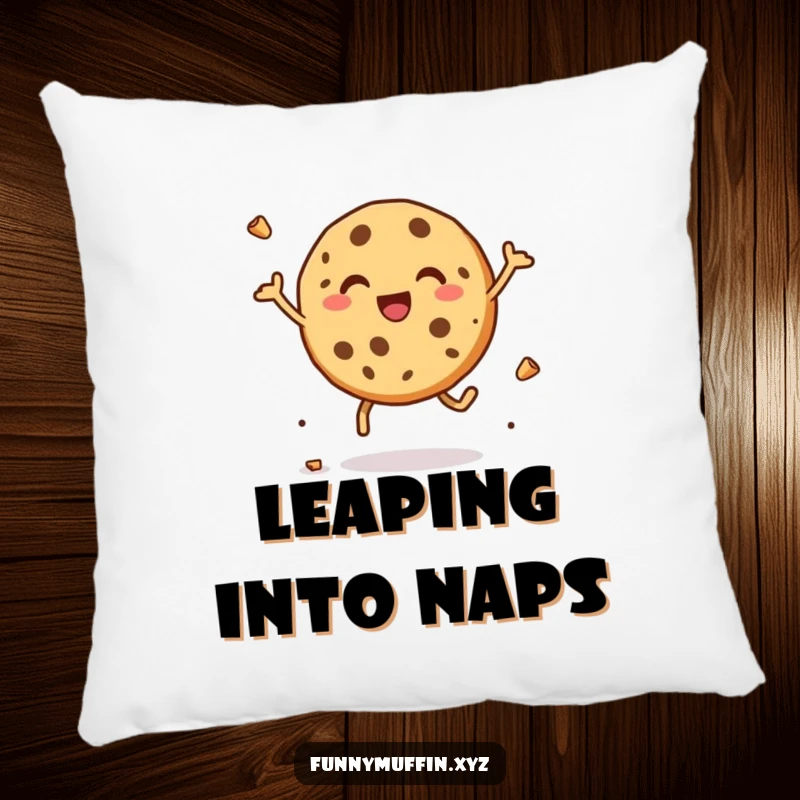 Funny pillow with a delighted cookie character leaping with joy, crumbs scattering, bringing comfort and happiness.