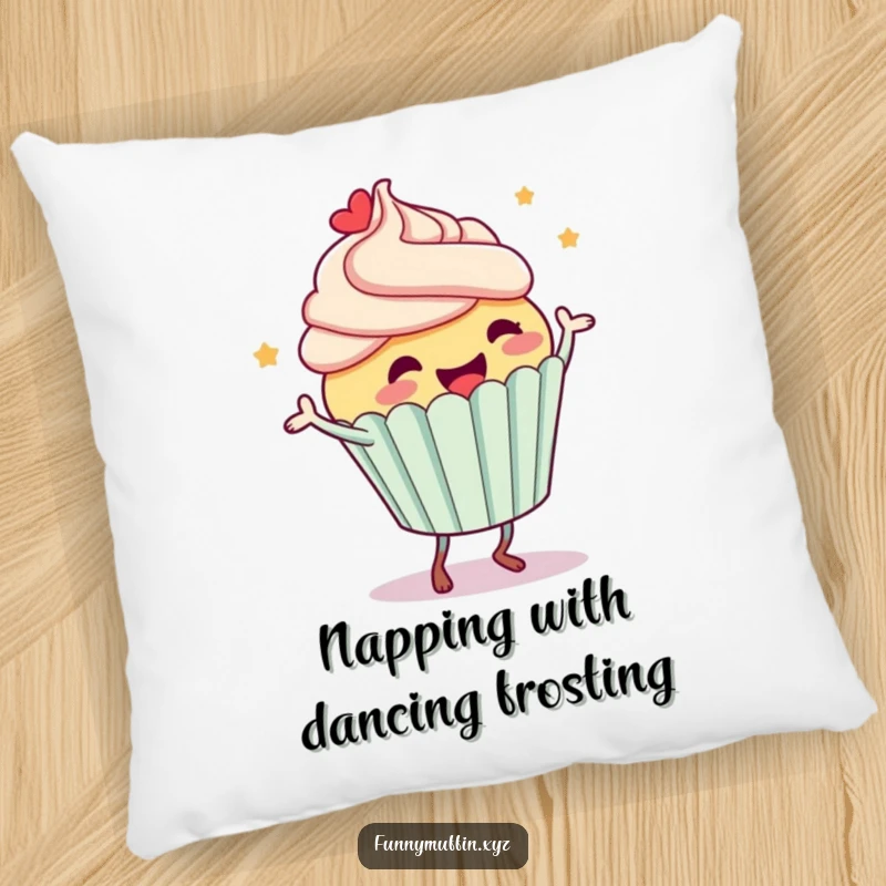 Funny pillow showcasing a happy cupcake character dancing ecstatically, frosting flying, providing comfort and humor to any room.