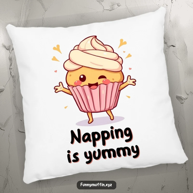 Funny Pillow featuring a happy muffin character dancing with frosting swirls, offering cozy comfort and a cheerful, sweet design.