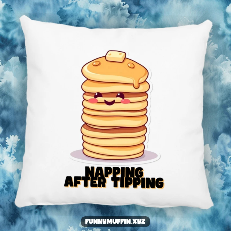 Funny pillow with a smiling pancake character stacked high, tipping precariously, bringing comfort and humor.