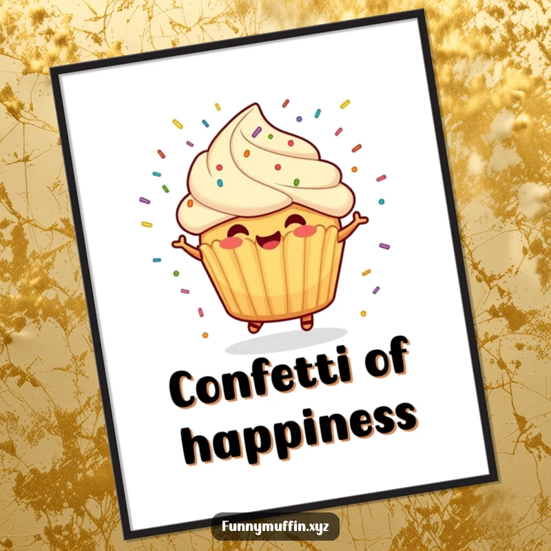 Funny digital art print of a cheerful muffin character spinning with joyful abandon and sprinkles flying everywhere.