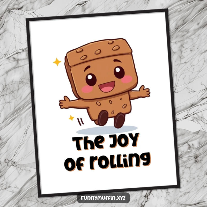 Funny beaming brownie character digital art print, gleefully rolling forward, a delightful piece for instant smile-inducing decor.