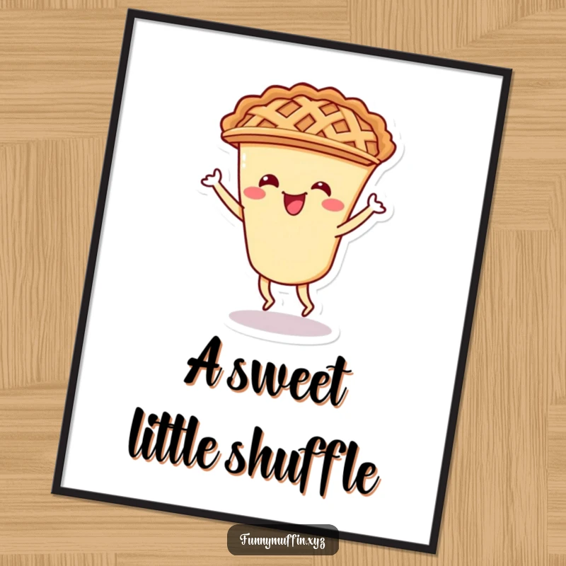Funny digital art print of a cheerful pie with a lattice crust doing a delightful shimmy, bringing dessert-themed joy.