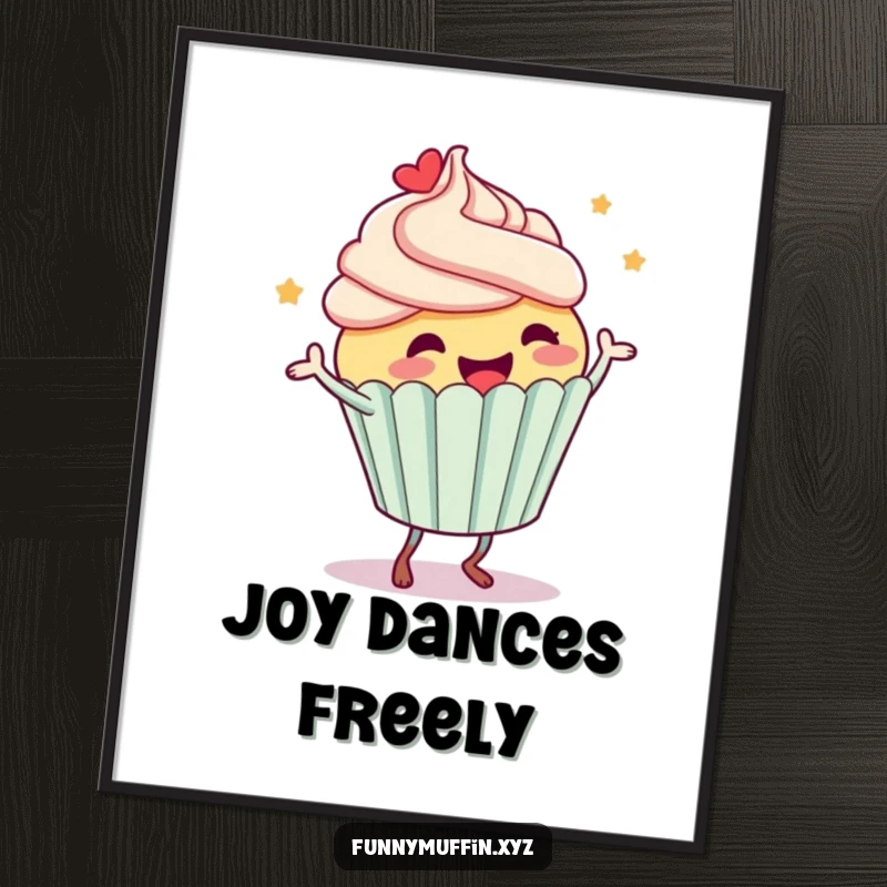 Funny digital art print of a happy cupcake character doing a silly dance, frosting flying, bringing vibrant humor to any setting.