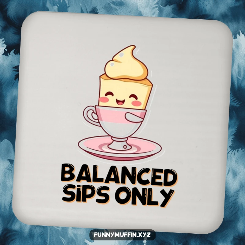 Funny scone character drink coaster, humorously balancing a teacup and saucer, providing surface protection with a sweet touch.