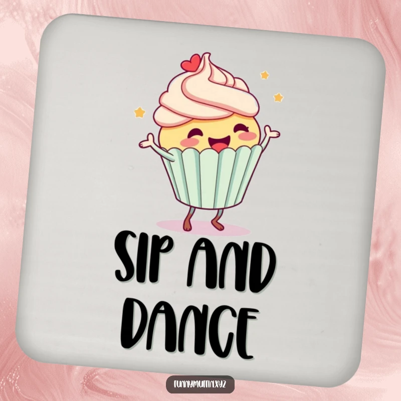 Funny drink coasters with a happy cupcake character dancing, frosting mid-flight, protecting surfaces with a humorous design.