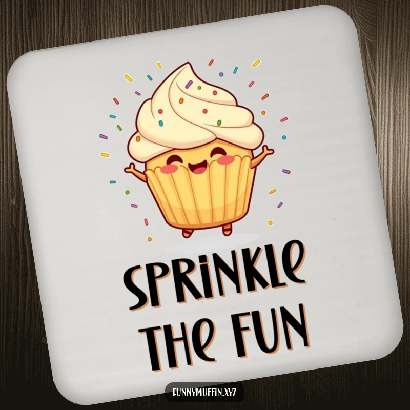 Funny drink coaster showing a cheerful muffin character spinning with sprinkles flying, a delightful piece.