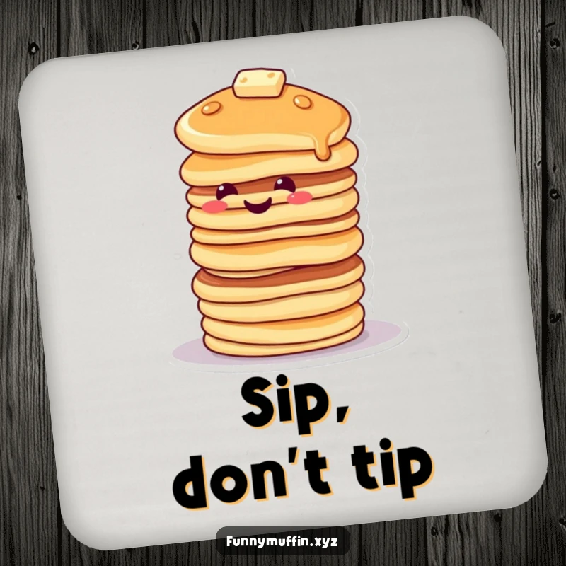 Funny drink coasters with a smiling pancake character stacked high, tipping precariously, protecting surfaces with humor.