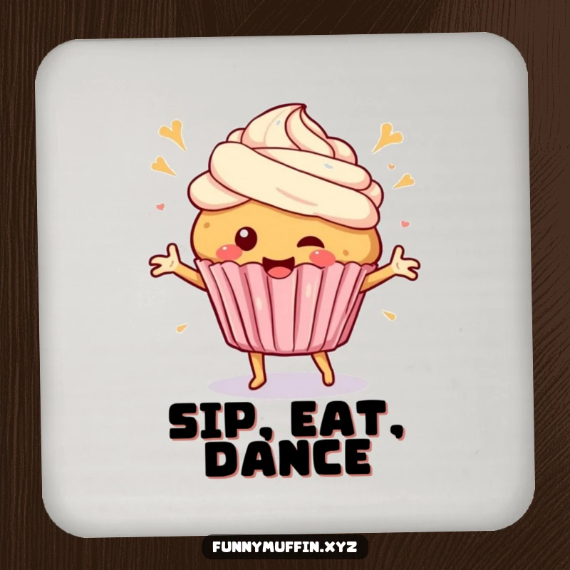 Funny Coasters featuring a happy muffin character dancing with frosting swirls, offering sweet surface protection with a joyful design.