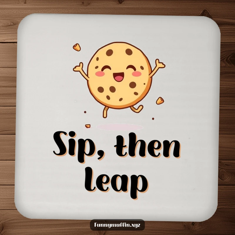Funny drink coasters with a delighted cookie character leaping with joy, crumbs flying, protecting surfaces with humor.