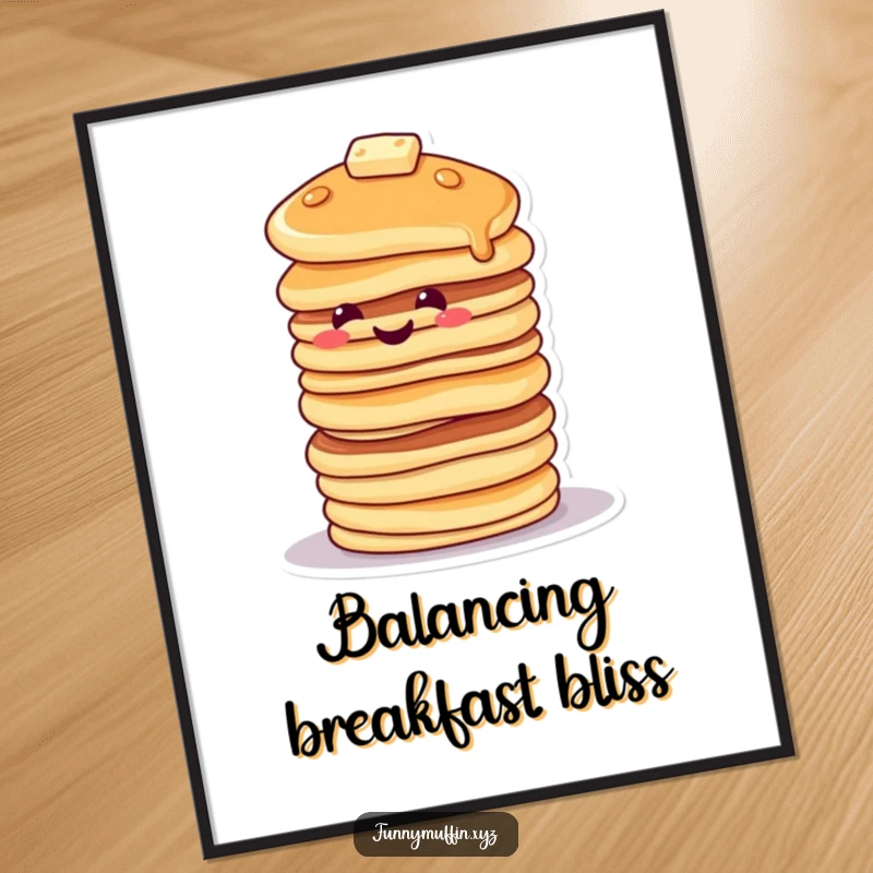 Funny poster of a smiling pancake character stacked high, tipping precariously, a charming and humorous piece of wall art.
