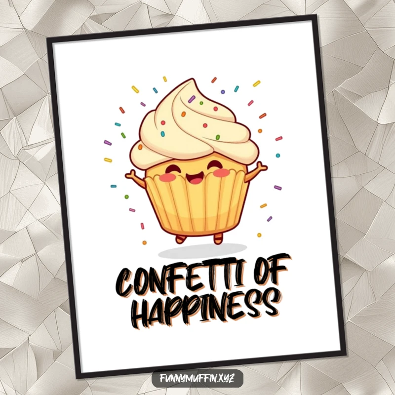 Funny poster print of a cheerful muffin character spinning with a joyous expression and colorful sprinkles flying everywhere.