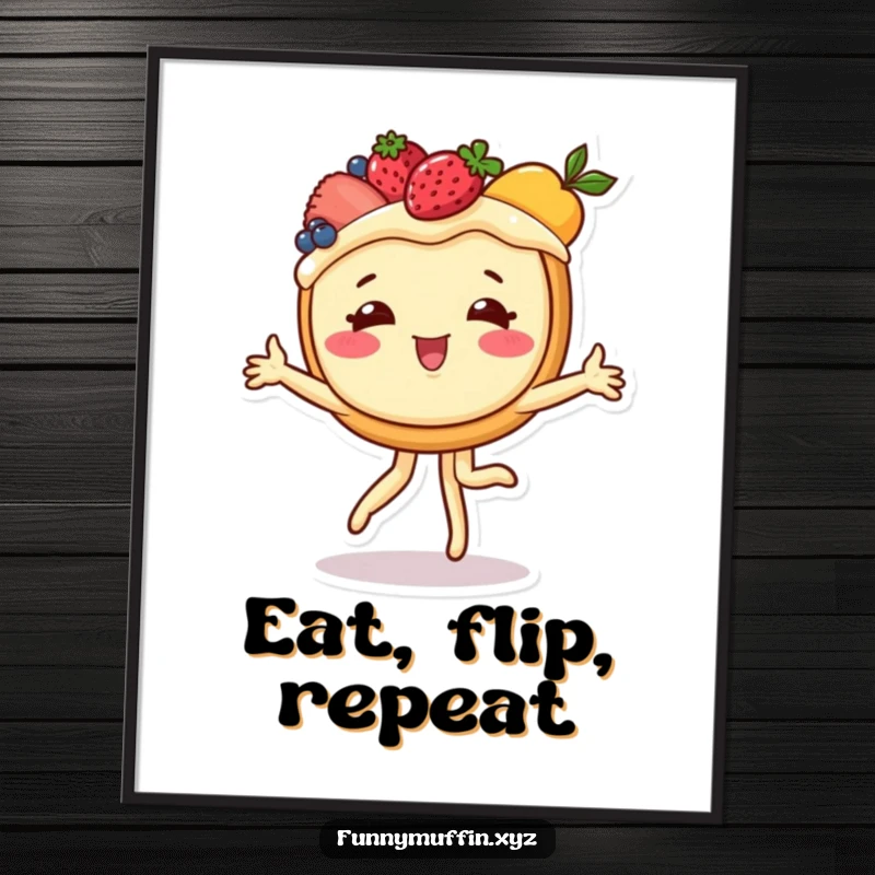 Funny poster showcasing a cheerful fruit-topped tart performing a cartwheel, capturing infectious dessert-inspired happiness and playful energy.