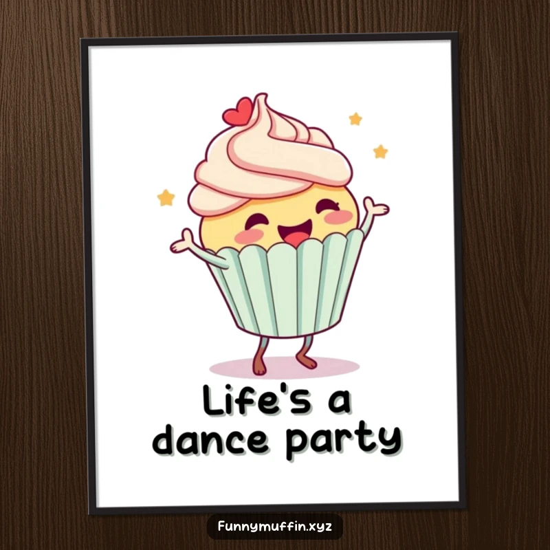 Funny poster of a gleeful cupcake character in mid-dance, frosting flying, a lively and humorous piece of wall art.