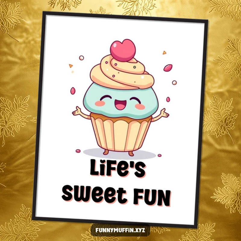 Funny Poster depicting a giggling cupcake character joyfully juggling tiny candy sprinkles, creating a delightful and playful visual.