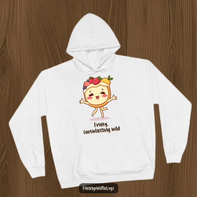 Funny hoodie illustrating a cheerful fruit tart performing a cartwheel, perfect for staying warm and bringing smiles.