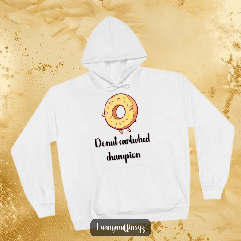 Funny hoodie depicting a giggling donut character mid-cartwheel, icing flying, offering warmth and humor.