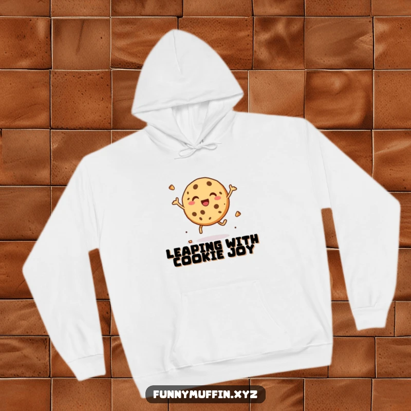 Funny hoodie depicting a delighted cookie character leaping with joy, crumbs scattering, offering warmth and humor.