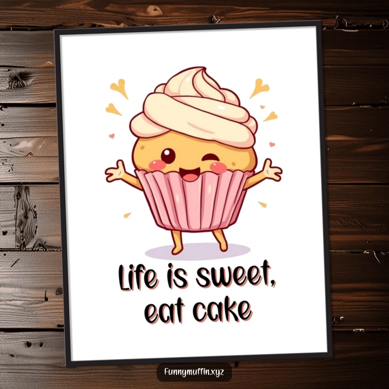 Funny Free Printable Wall Art: A happy muffin character dances with joy, frosting swirls flying, a celebration in art form.