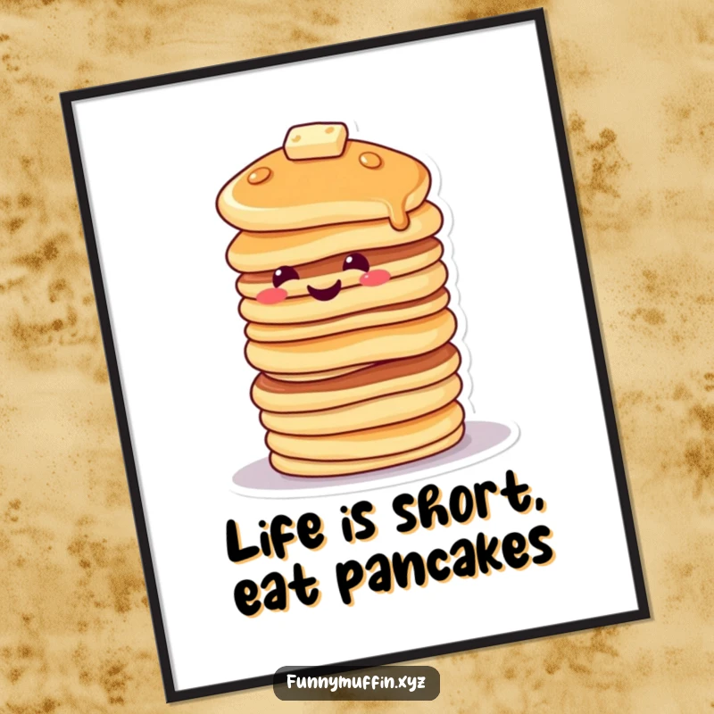Funny Free Printable Wall Art: A smiling pancake character stacked high, tipping precariously with a cheerful expression.