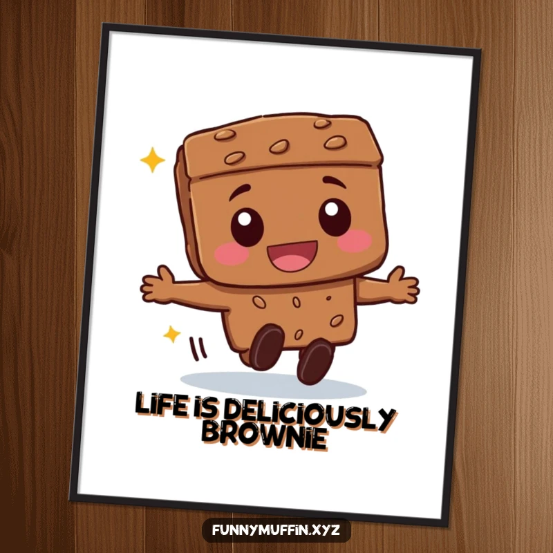 Funny Free Printable Wall Art: A beaming brownie character rolling forward with infectious glee and a wide, happy smile.