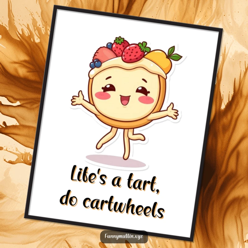 Funny Free Printable Wall Art of a cheerful tart character with fruit topping performing an energetic cartwheel.