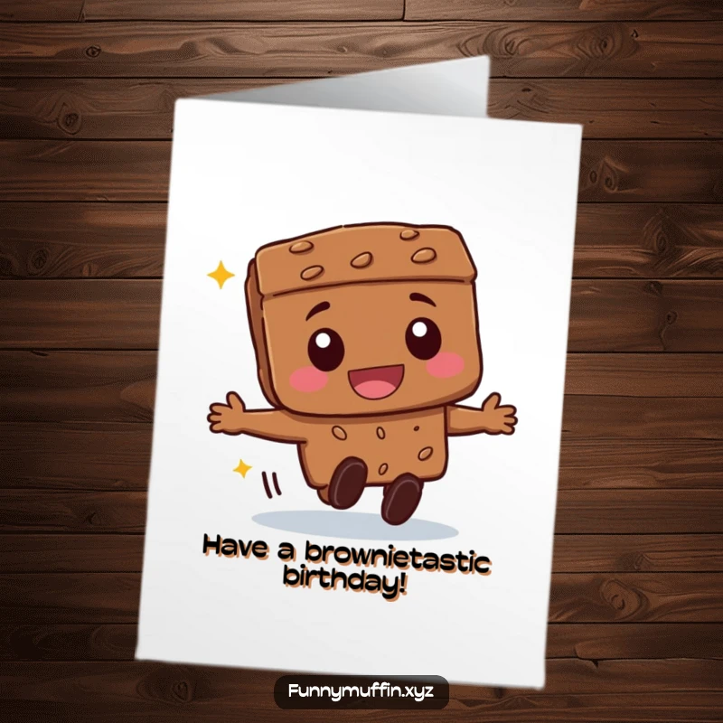 Funny Free Printable Birthday Card: A beaming brownie character joyfully rolling forward with a wide, ecstatic smile.