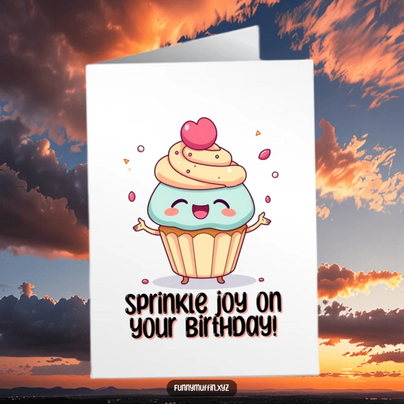Funny Free Printable Birthday Card: A giggling cupcake juggles candy sprinkles with pure delight, celebrating a birthday.