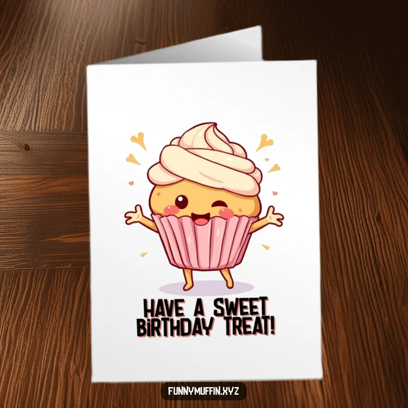 Funny Free Printable Birthday Card: A happy muffin with frosting swirls dances joyfully, spreading birthday cheer.