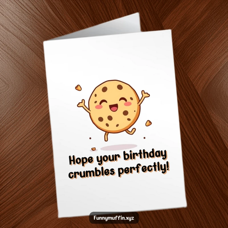 Funny Free Printable Birthday Card: A delighted cookie character leaping with joy, scattering crumbs in excitement.