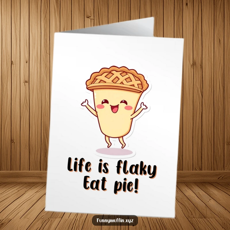 Funny Free Printable Birthday Card featuring a cheerful pie character with a lattice crust doing a happy shimmy dance.